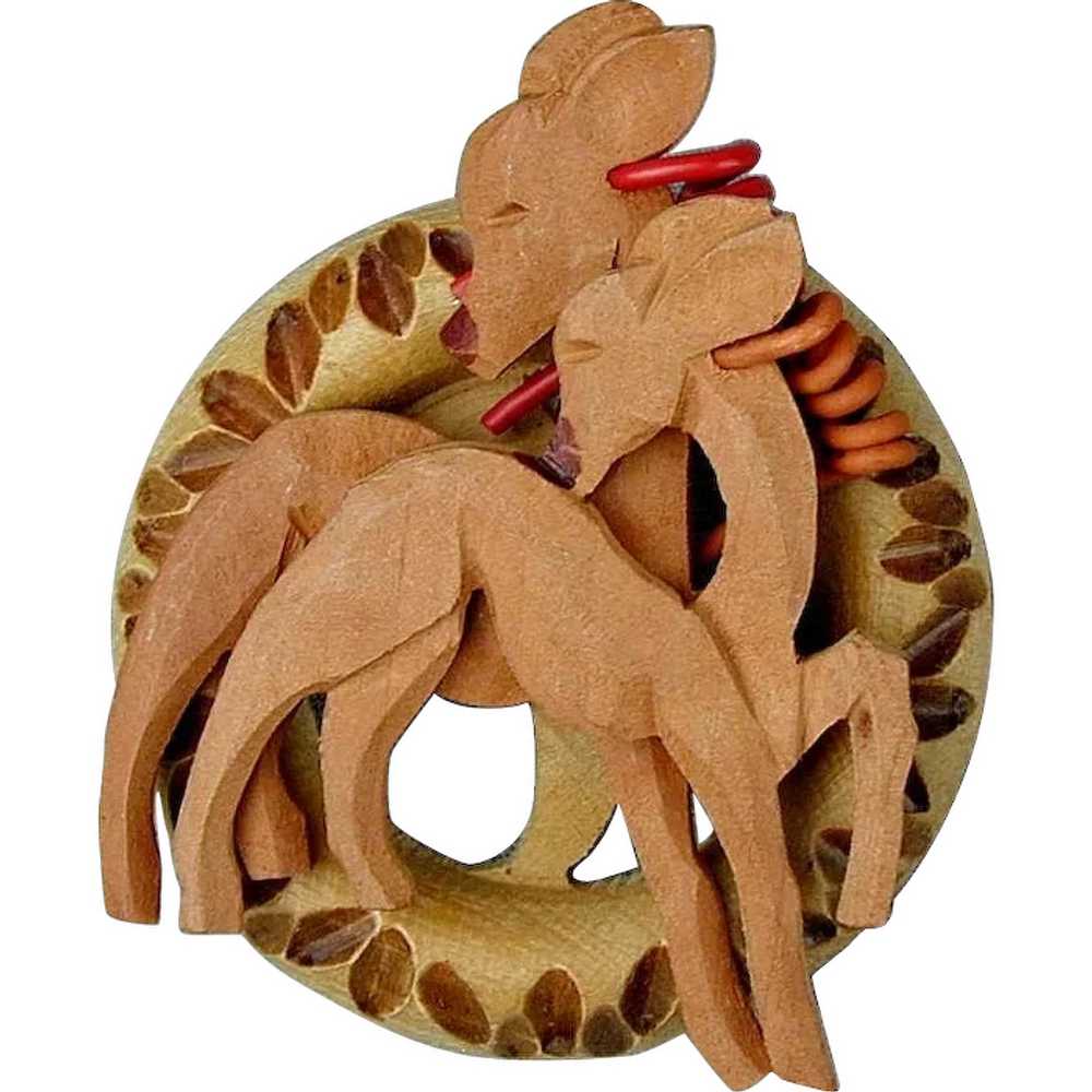 Art Deco Carved Wood Pair of Deer Pin Brooch - image 1