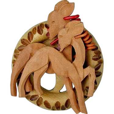Art Deco Carved Wood Pair of Deer Pin Brooch