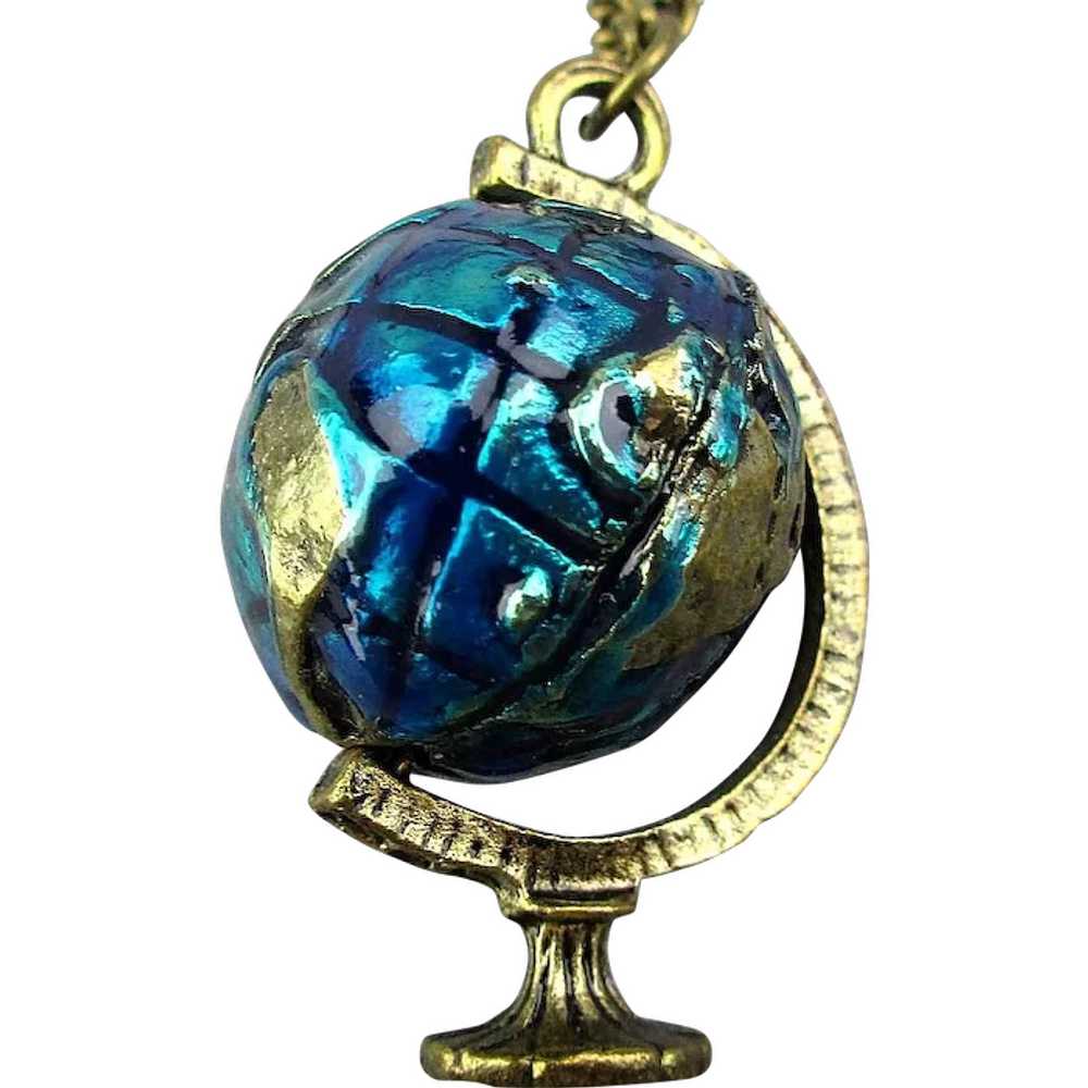 Vintage Pendant Necklace Revolving World Globe w/… - image 1