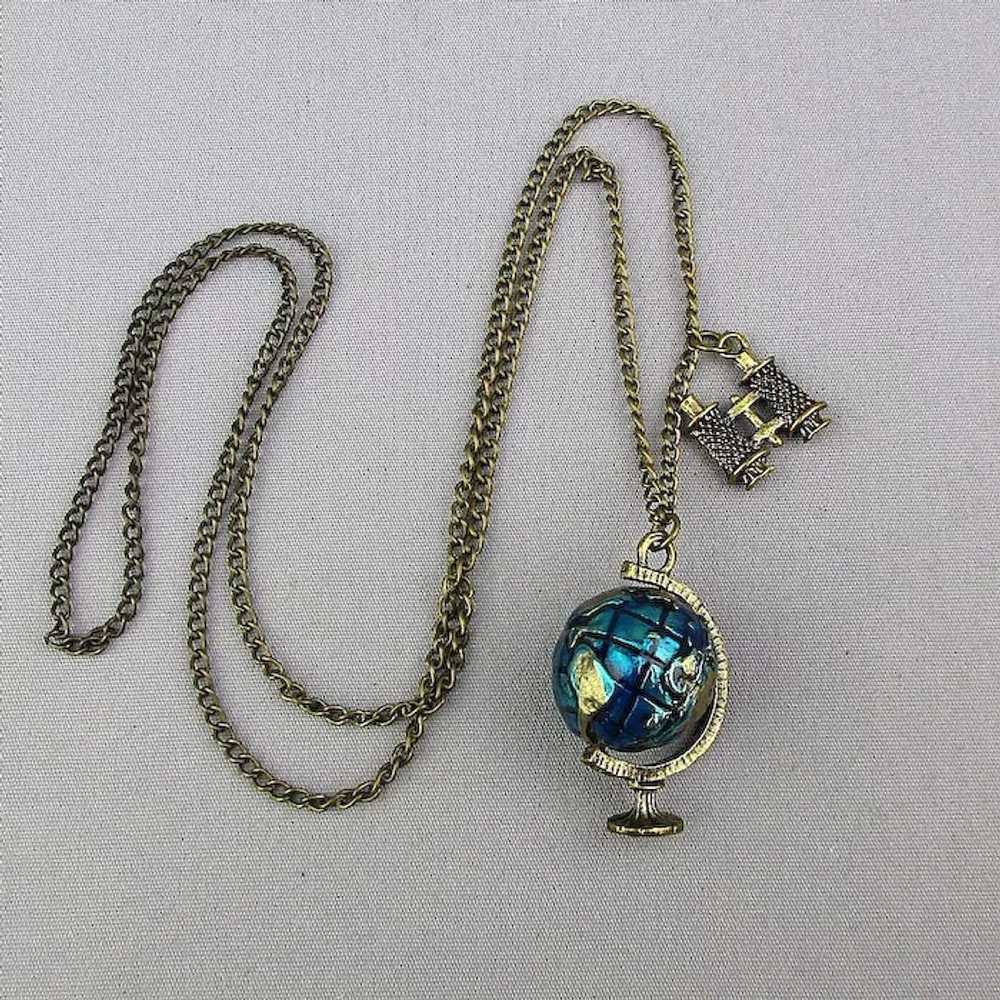 Vintage Pendant Necklace Revolving World Globe w/… - image 2