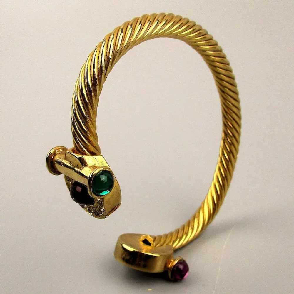 Vintage Goldtone Cable Cuff Bracelet w/ Jeweled E… - image 2