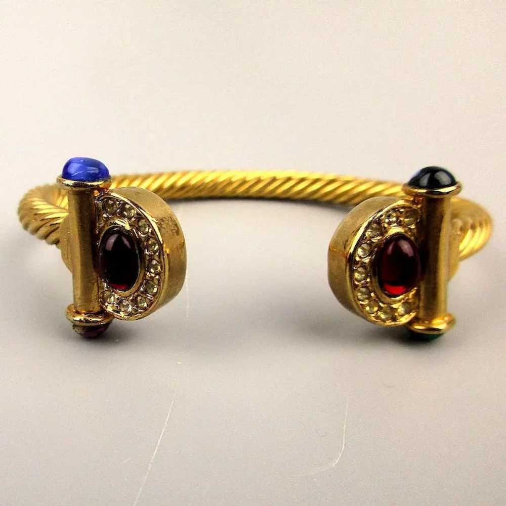 Vintage Goldtone Cable Cuff Bracelet w/ Jeweled E… - image 3