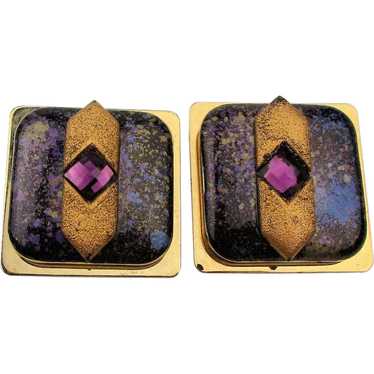 Modernist KIEN Large Enamel Jeweled Clip Earrings