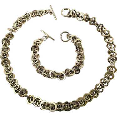 Vintage Silvertone Necklace n Bracelet Set - Circ… - image 1