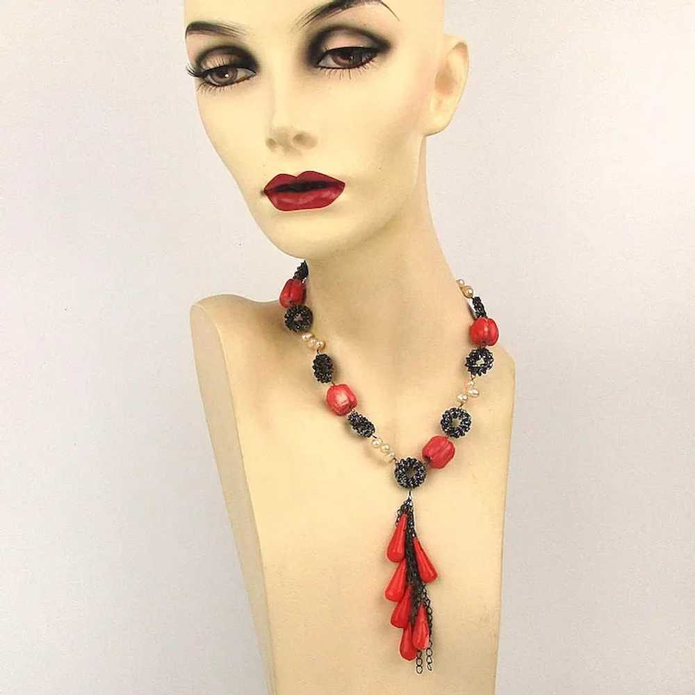 Vintage Necklace of Carved Faux Coral Peppers / C… - image 5