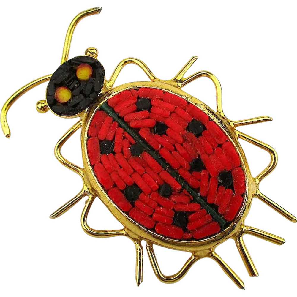 Vintage Italian Micro Mosaic Tile Lady Bug Pin Br… - image 1