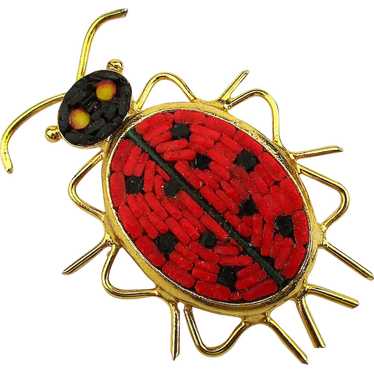 Vintage Italian Micro Mosaic Tile Lady Bug Pin Br… - image 1