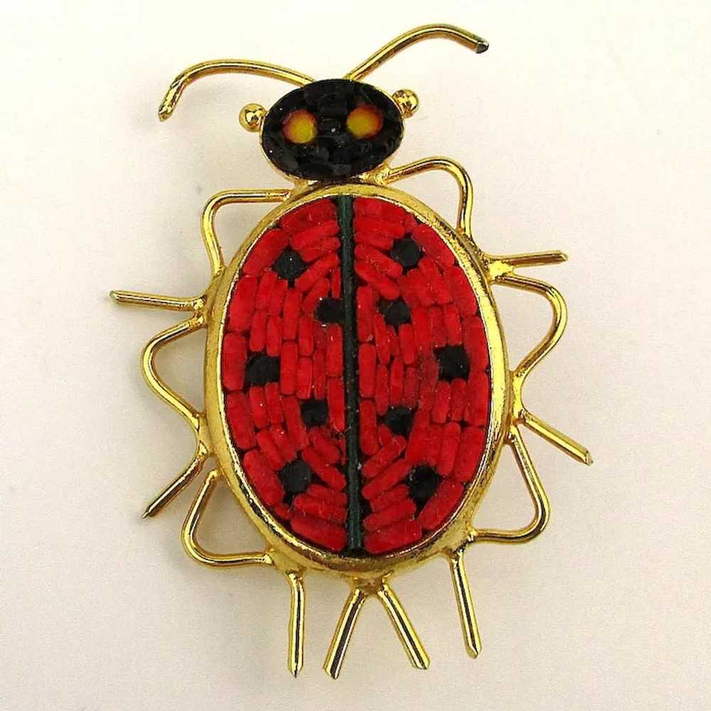 Vintage Italian Micro Mosaic Tile Lady Bug Pin Br… - image 2