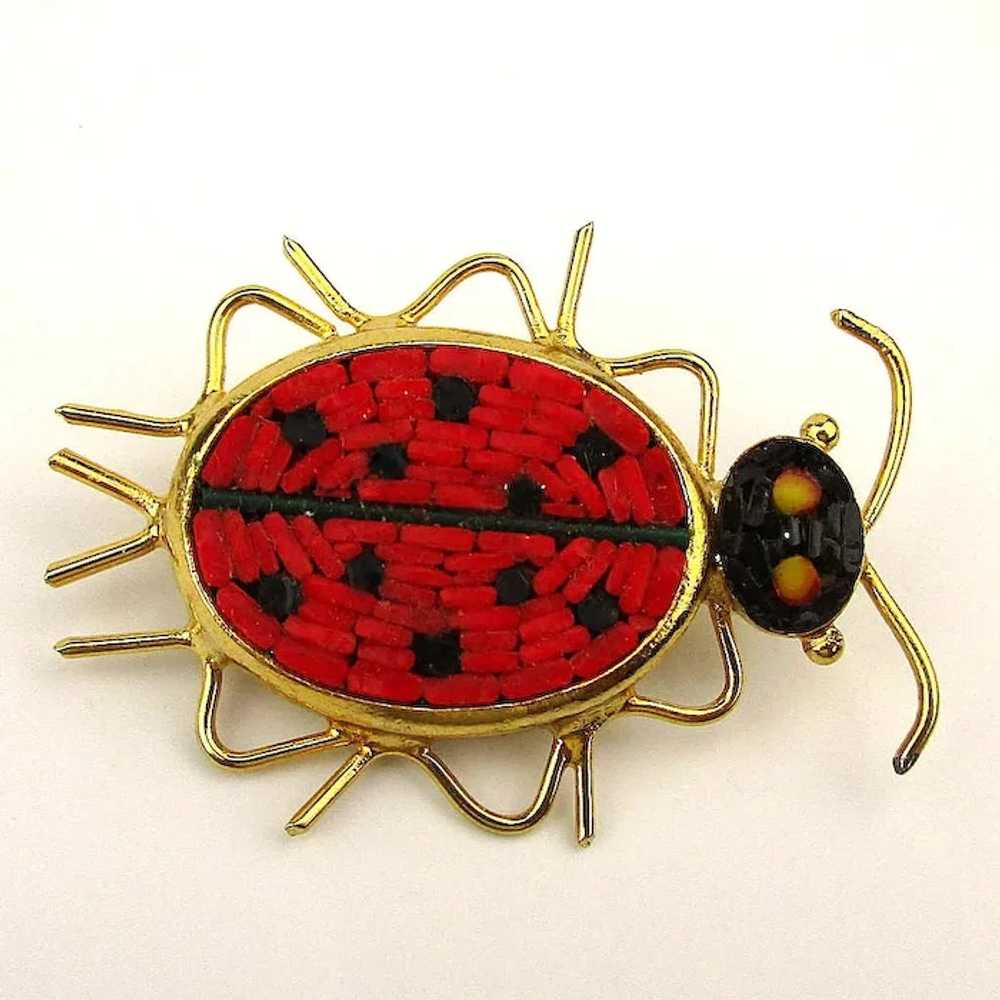 Vintage Italian Micro Mosaic Tile Lady Bug Pin Br… - image 3