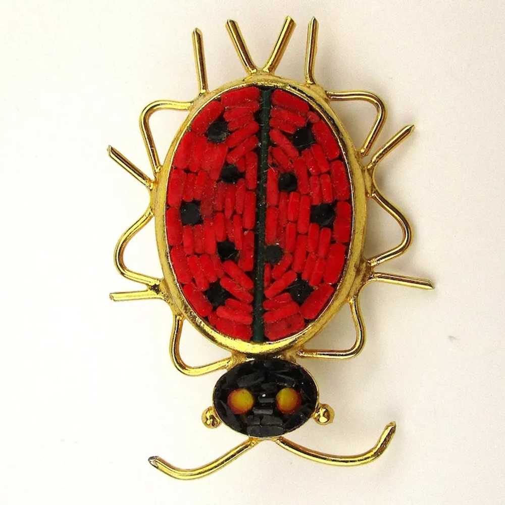 Vintage Italian Micro Mosaic Tile Lady Bug Pin Br… - image 4