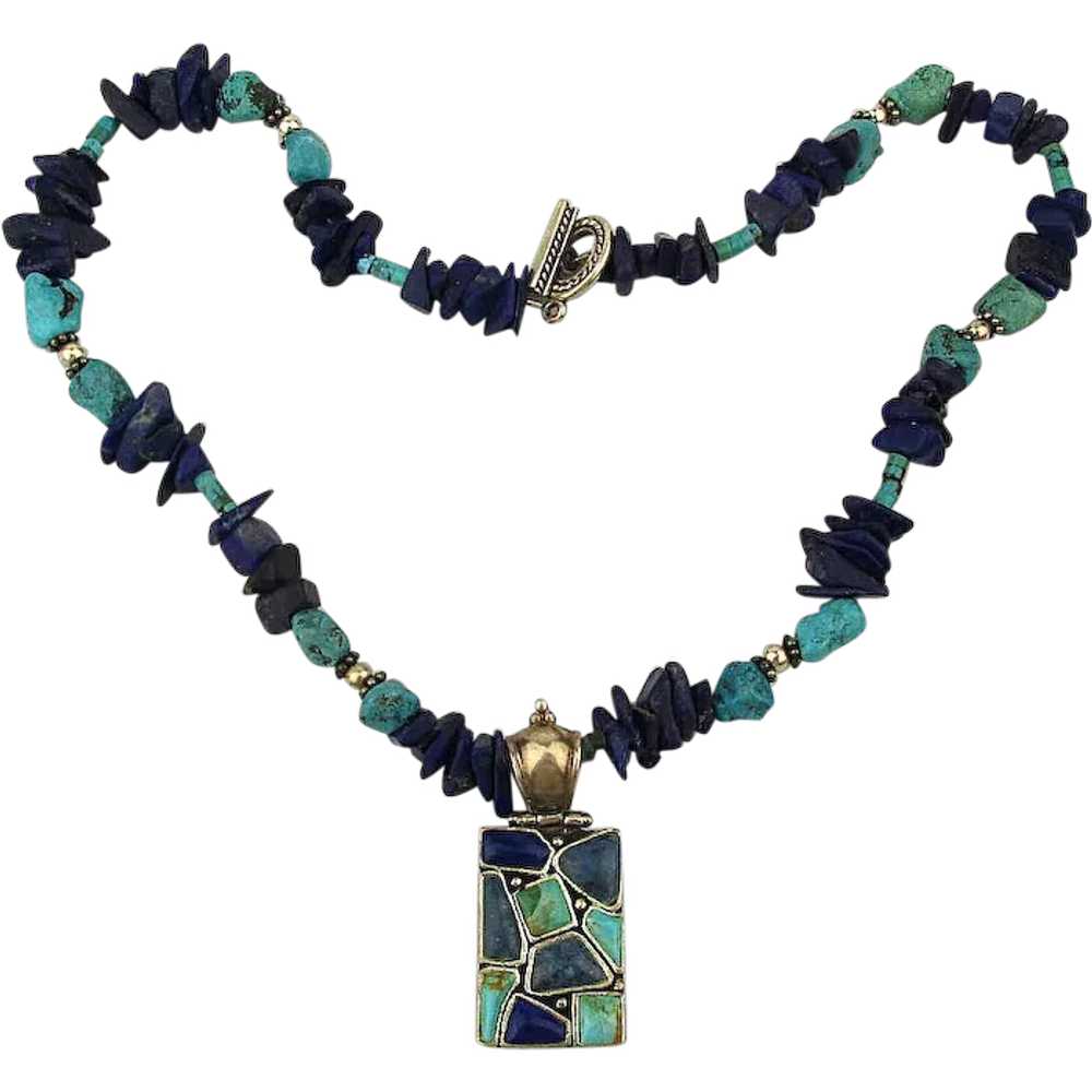 Turquoise Lapis Sterling Silver Necklace w/ Penda… - image 1