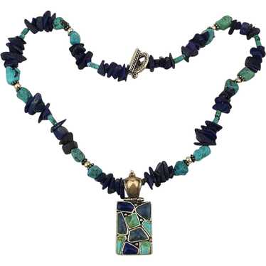 Turquoise Lapis Sterling Silver Necklace w/ Penda… - image 1