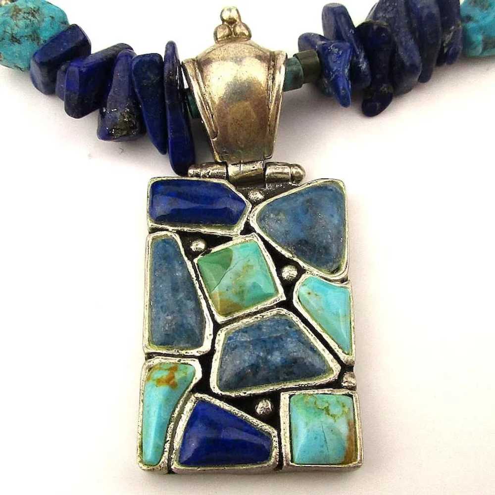 Turquoise Lapis Sterling Silver Necklace w/ Penda… - image 2