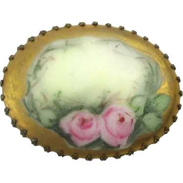 Victorian Hand-Painted Porcelain Pin Two Roses One