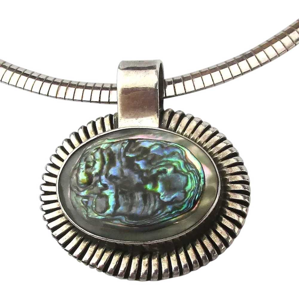 Vintage Sterling Silver Abalone Pendant Necklace … - image 1