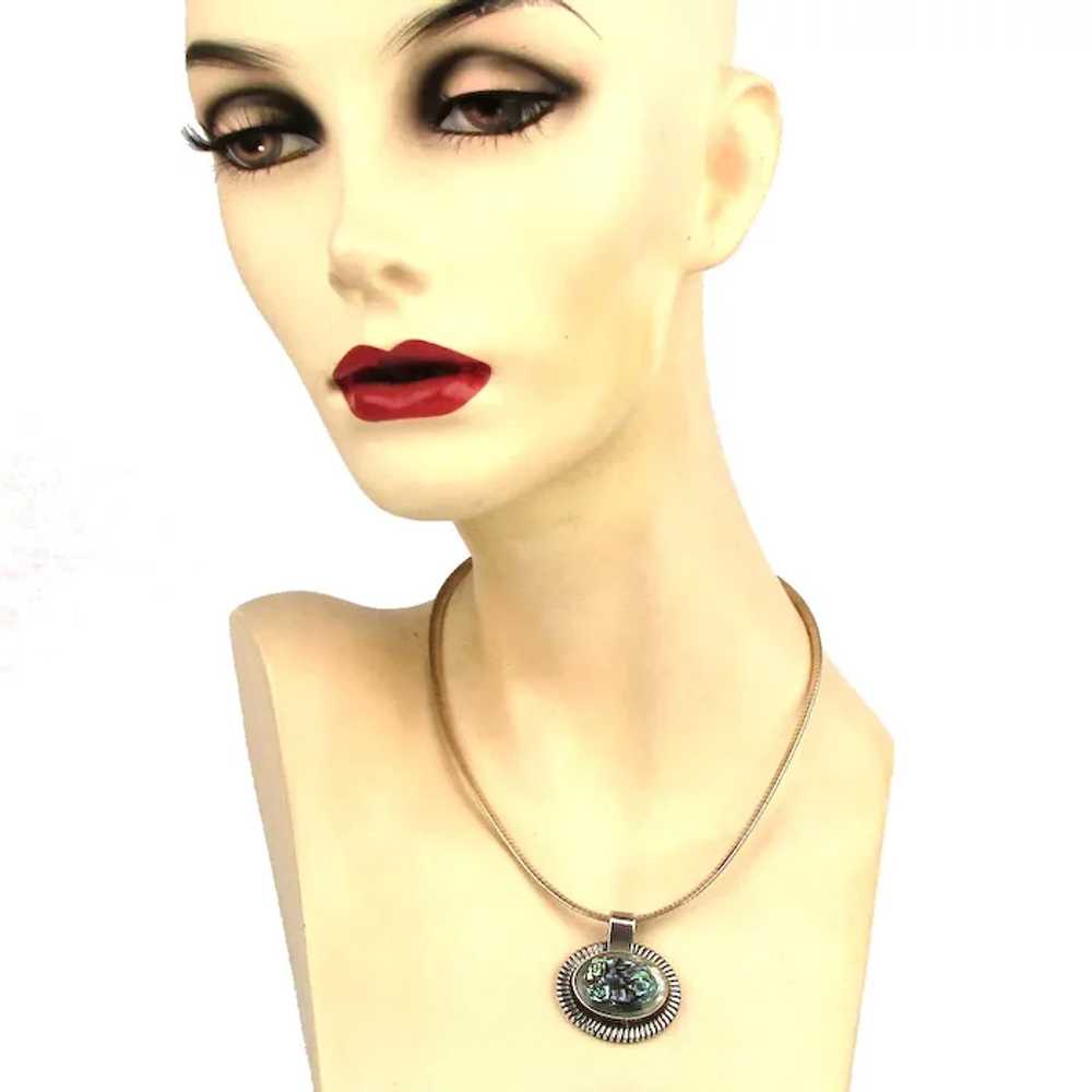 Vintage Sterling Silver Abalone Pendant Necklace … - image 2