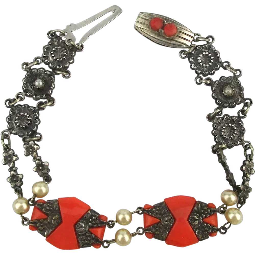 Art Deco Bracelet Coral Glass - Sterling - Flowers - image 1