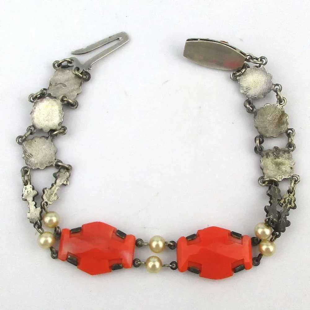 Art Deco Bracelet Coral Glass - Sterling - Flowers - image 5