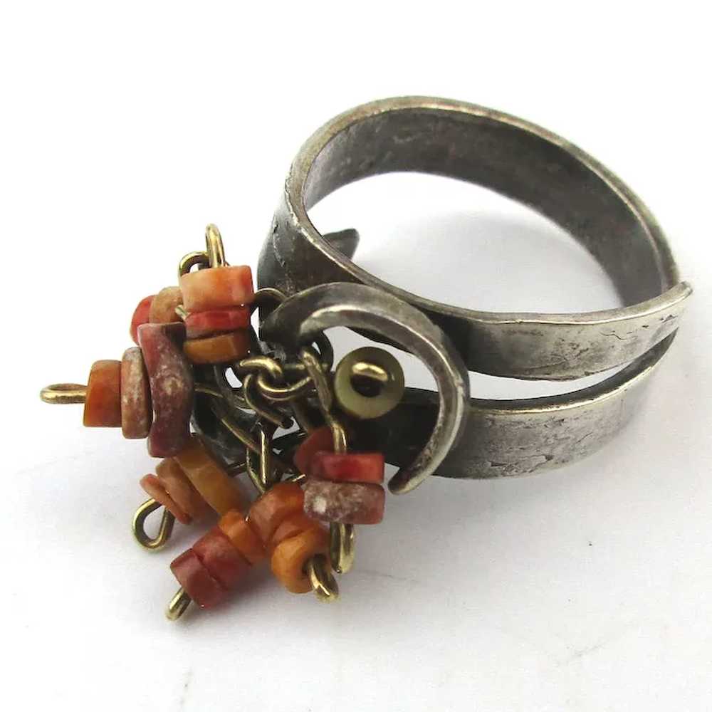 Vintage Sterling Silver Coral Bead Dangles Ring - image 2