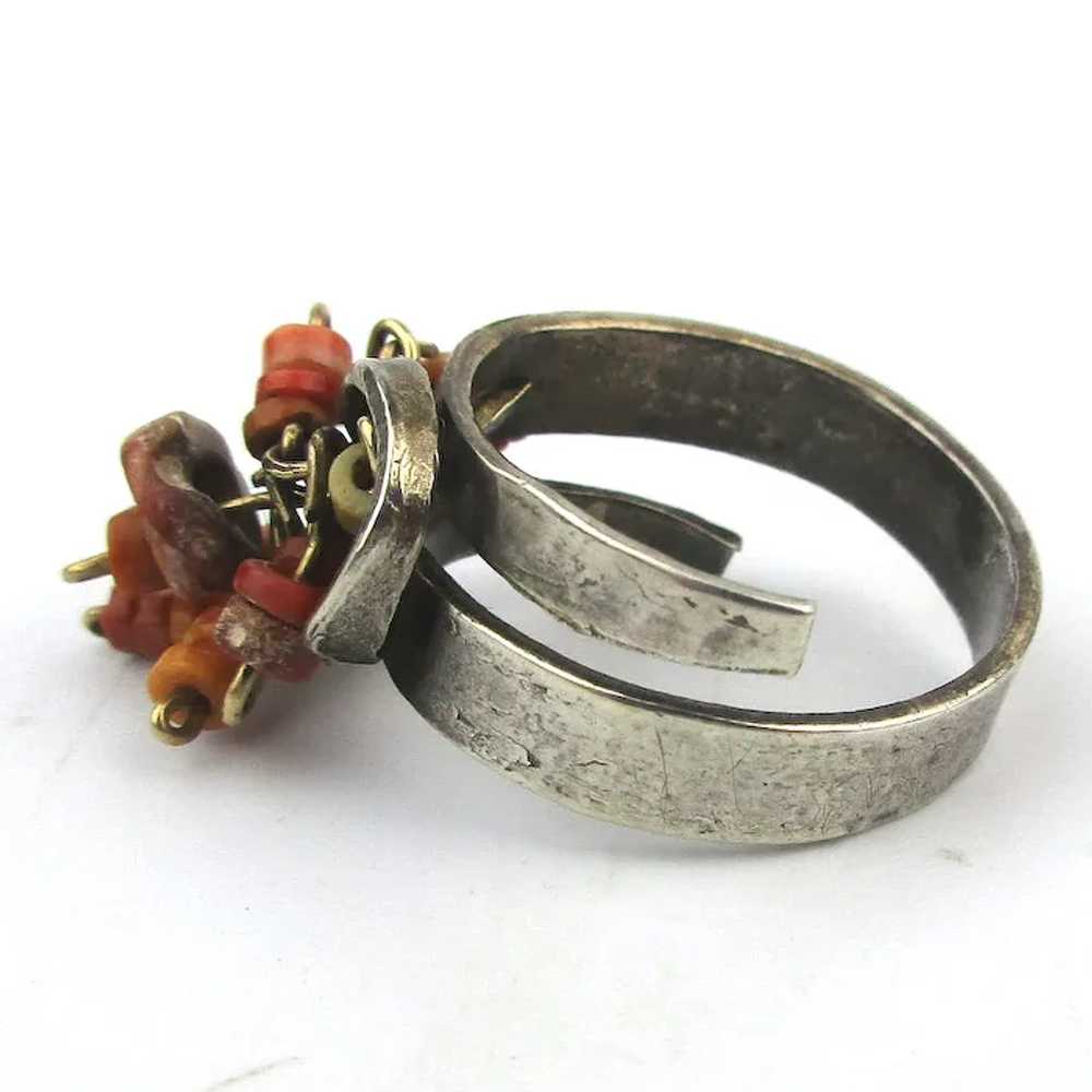 Vintage Sterling Silver Coral Bead Dangles Ring - image 4