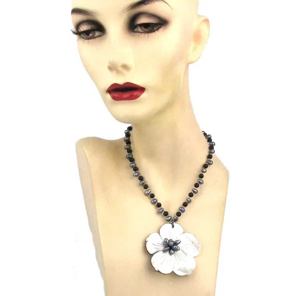 Big Mother-of-Pearl Flower Necklace w/ Real Pearl… - image 3