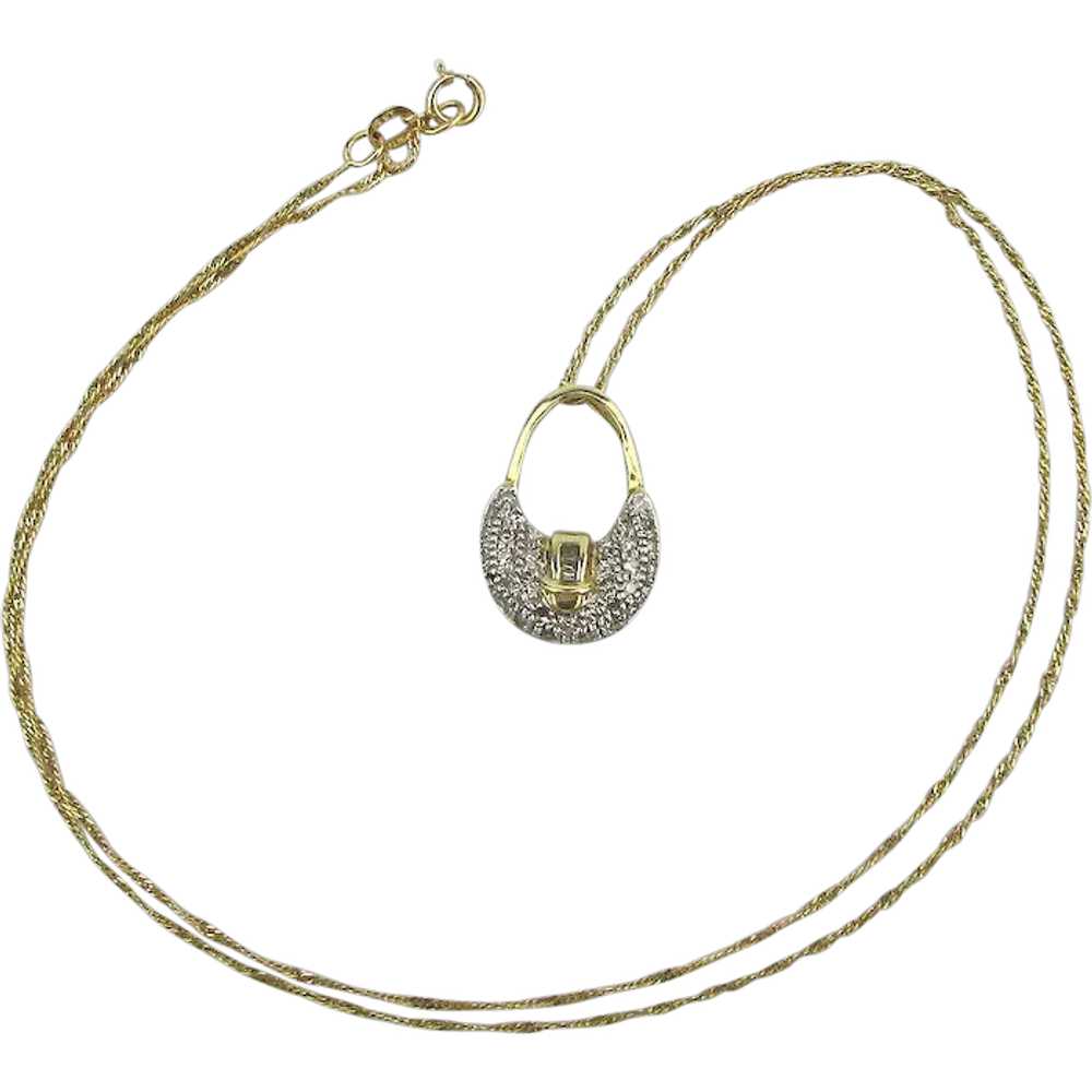 Estate 14K Gold Necklace - Mini Purse w/ Diamond … - image 1
