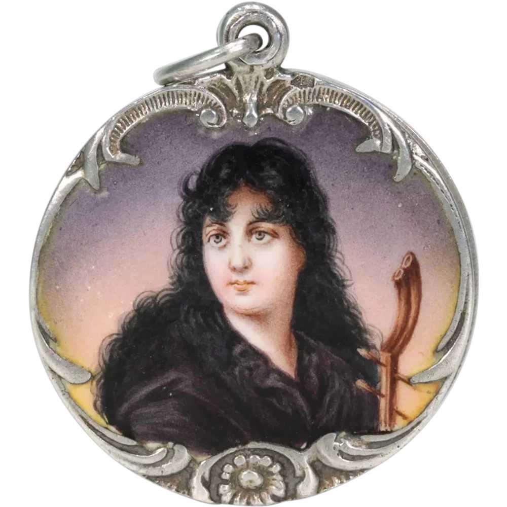 Antique Art Nouveau Silver Enamel Locket Woman Mo… - image 1