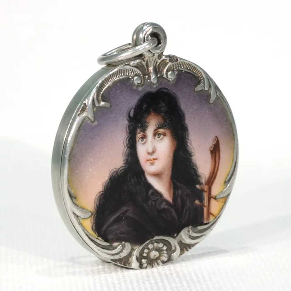 Antique Art Nouveau Silver Enamel Locket Woman Mo… - image 2