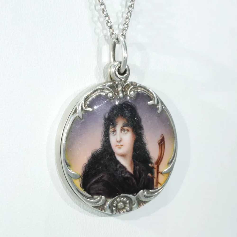 Antique Art Nouveau Silver Enamel Locket Woman Mo… - image 6