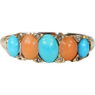 Antique Victorian Coral Turquoise Diamond Ring 18… - image 1