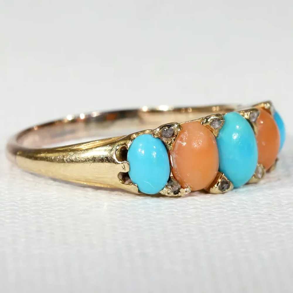 Antique Victorian Coral Turquoise Diamond Ring 18… - image 2