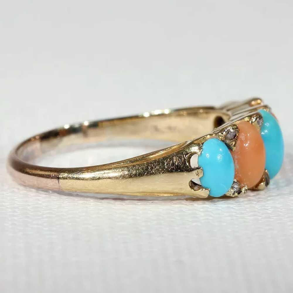 Antique Victorian Coral Turquoise Diamond Ring 18… - image 3