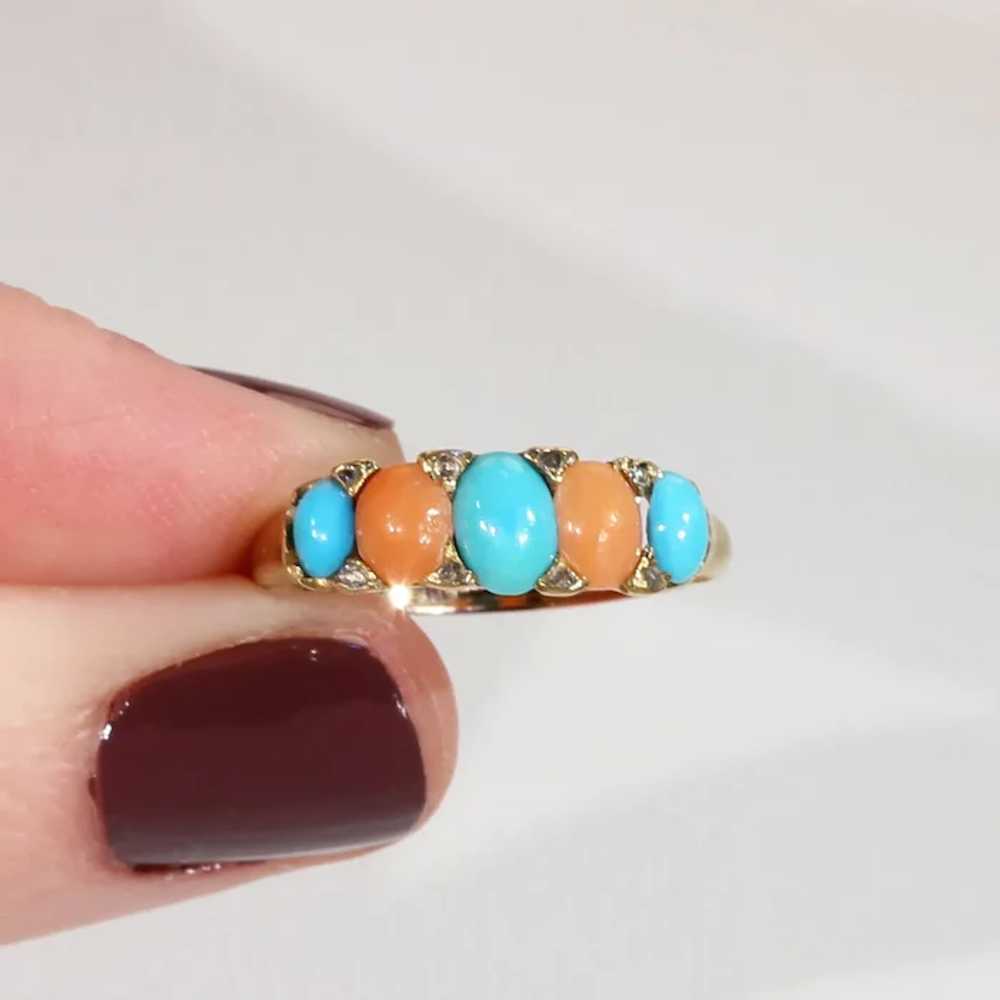 Antique Victorian Coral Turquoise Diamond Ring 18… - image 6