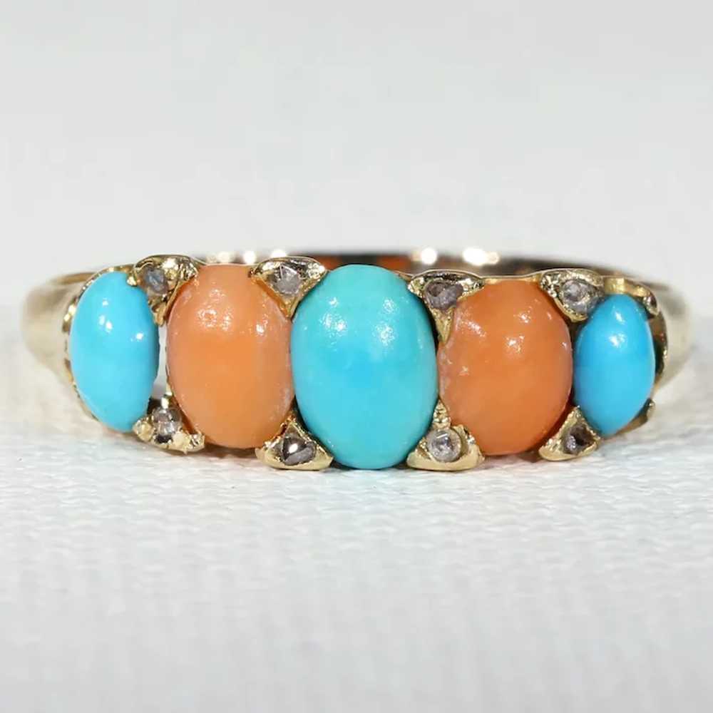 Antique Victorian Coral Turquoise Diamond Ring 18… - image 9