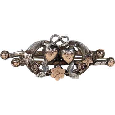 Victorian Silver Double Heart Flower Brooch Pin - image 1
