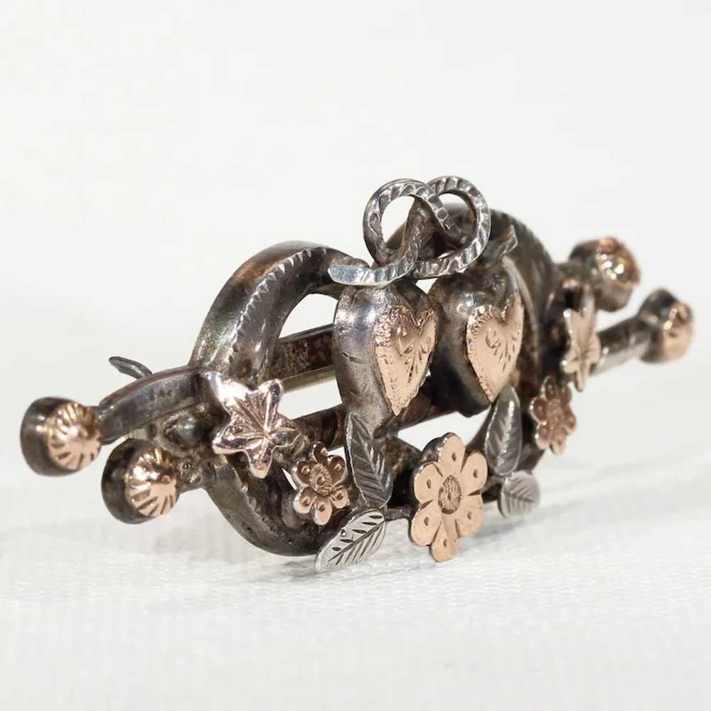Victorian Silver Double Heart Flower Brooch Pin - image 2