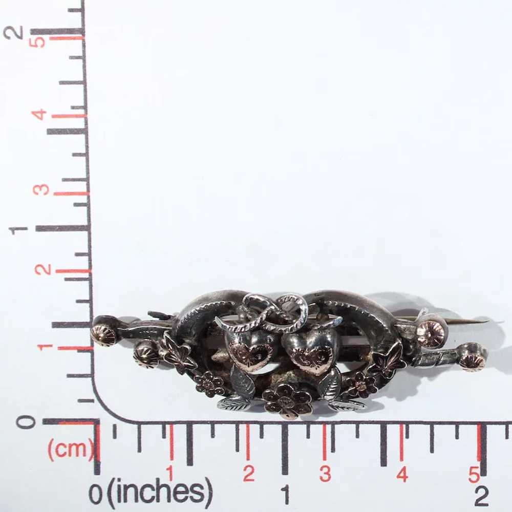 Victorian Silver Double Heart Flower Brooch Pin - image 7