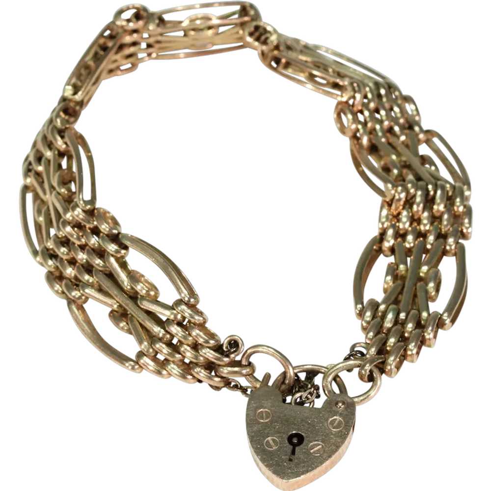 Antique Victorian 9k Gold Gate Bracelet Heart Loc… - image 1