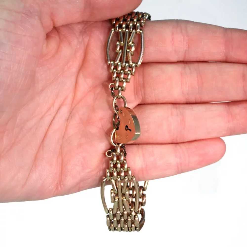 Antique Victorian 9k Gold Gate Bracelet Heart Loc… - image 3