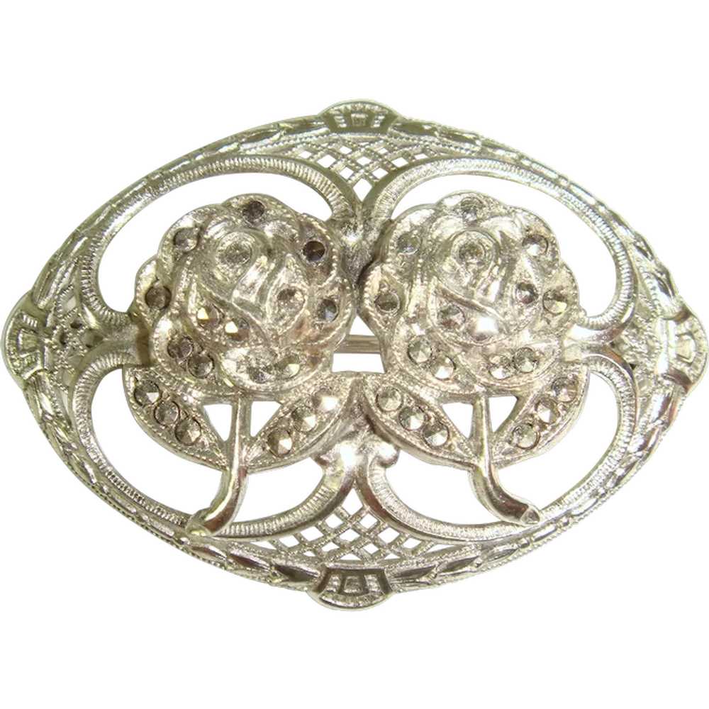 Vintage 50s Sterling Marcasite Double Roses Brooc… - image 1