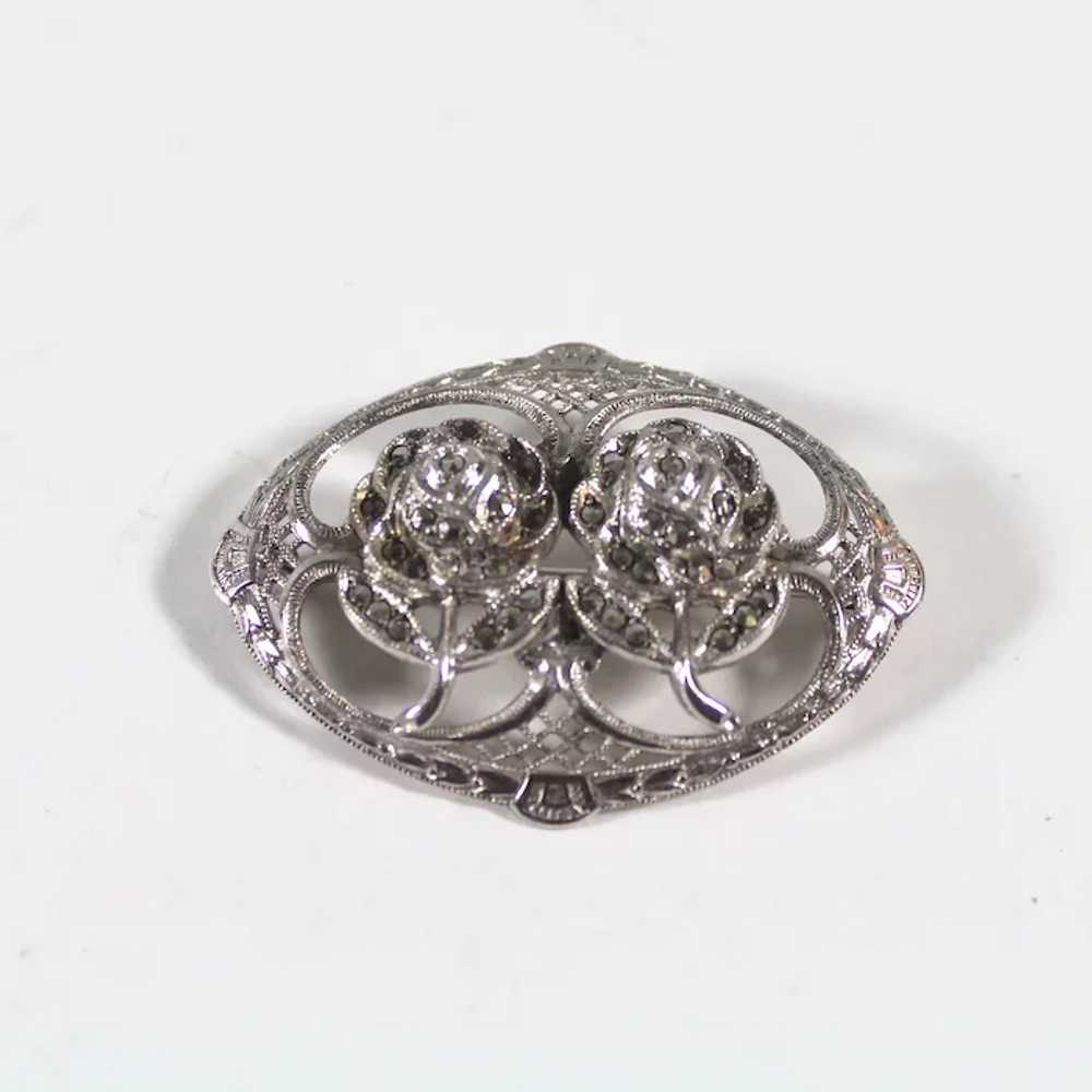 Vintage 50s Sterling Marcasite Double Roses Brooc… - image 3