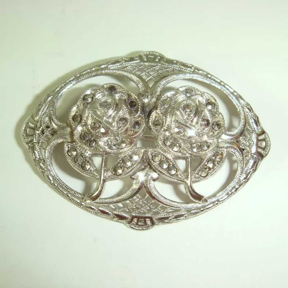 Vintage 50s Sterling Marcasite Double Roses Brooc… - image 7