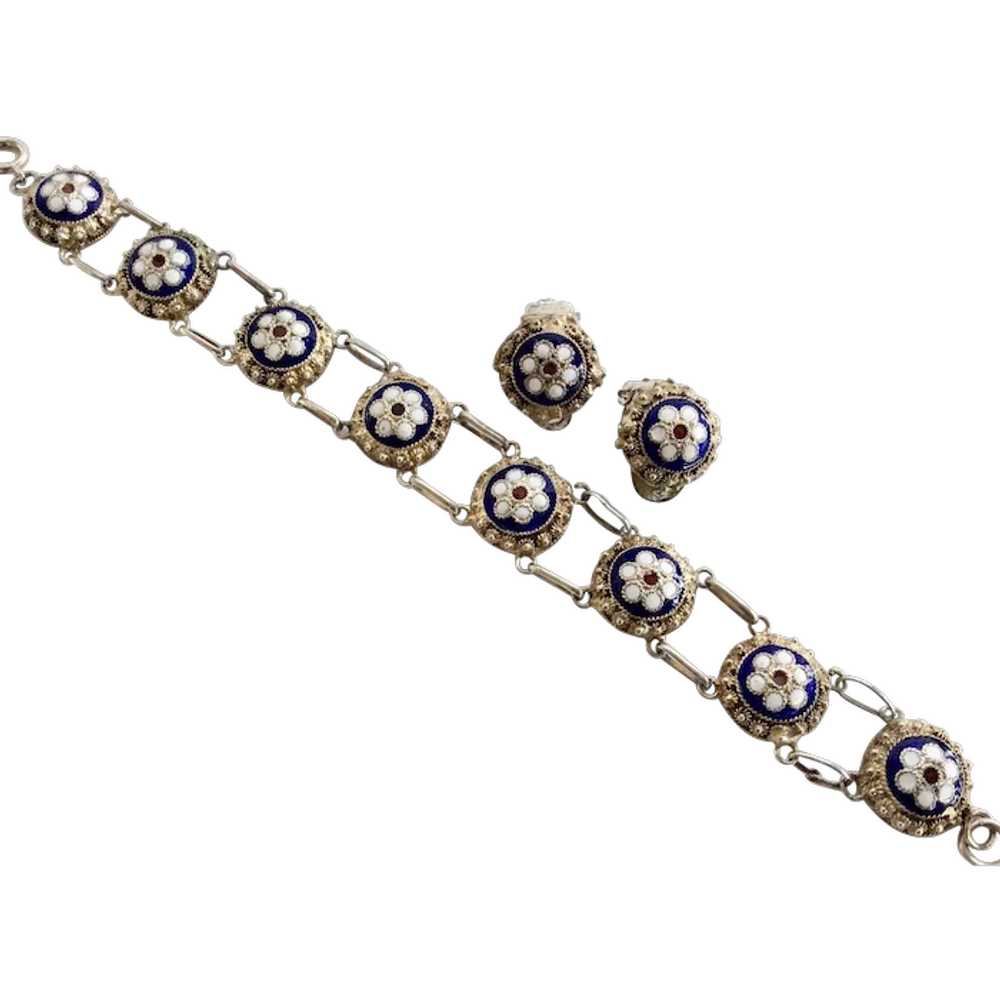 Vintage Blue and White Enamel Gilt Bracelet and E… - image 1