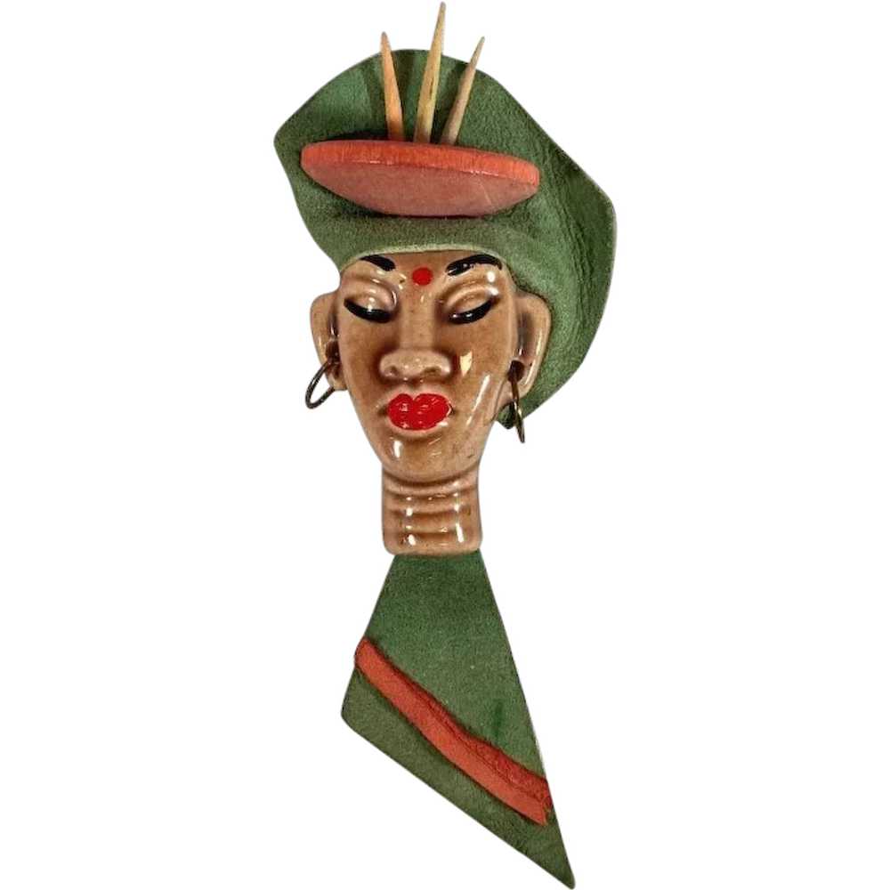 Elzac Ceramic Lady Brooch, Leather Wood Metal War… - image 1