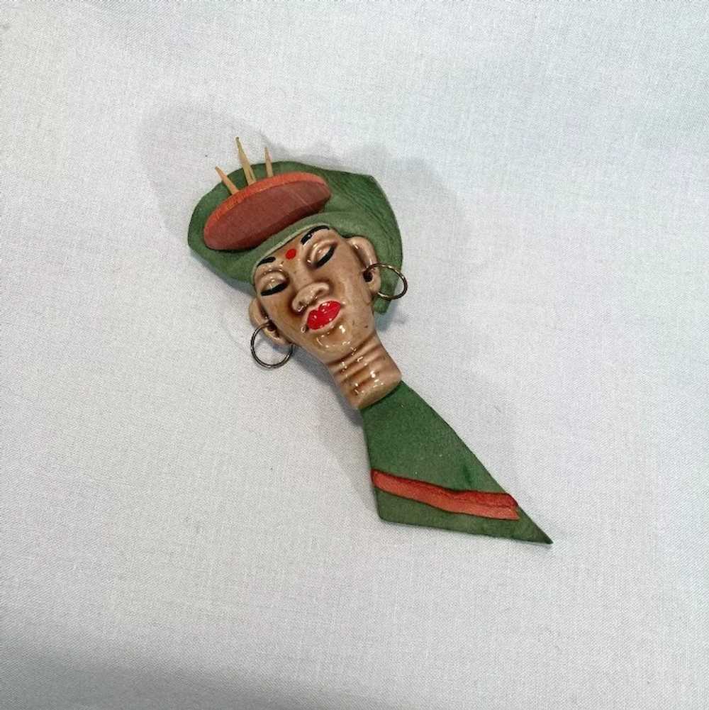 Elzac Ceramic Lady Brooch, Leather Wood Metal War… - image 2