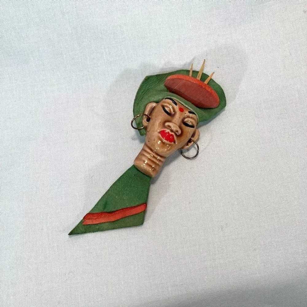 Elzac Ceramic Lady Brooch, Leather Wood Metal War… - image 5