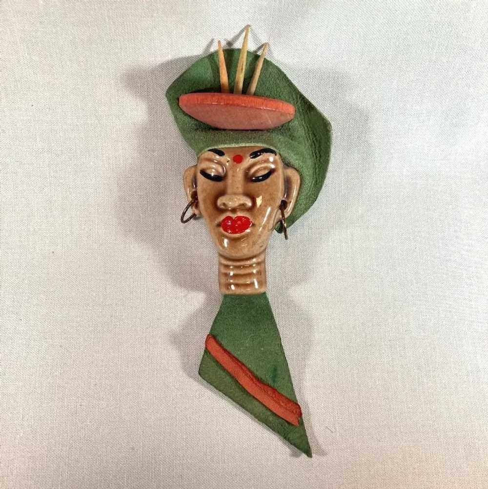 Elzac Ceramic Lady Brooch, Leather Wood Metal War… - image 6