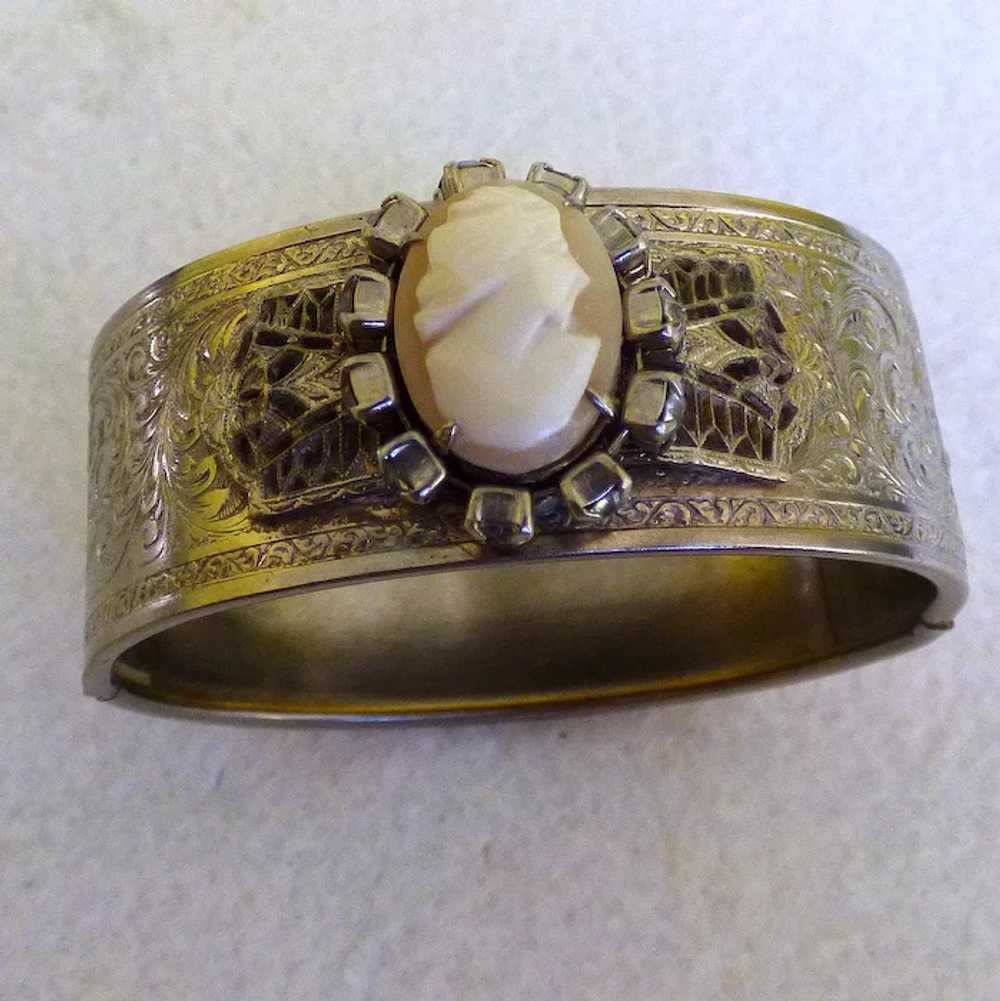 Antique Edwardian Cuff bracelet with Cameo & Rhin… - image 2