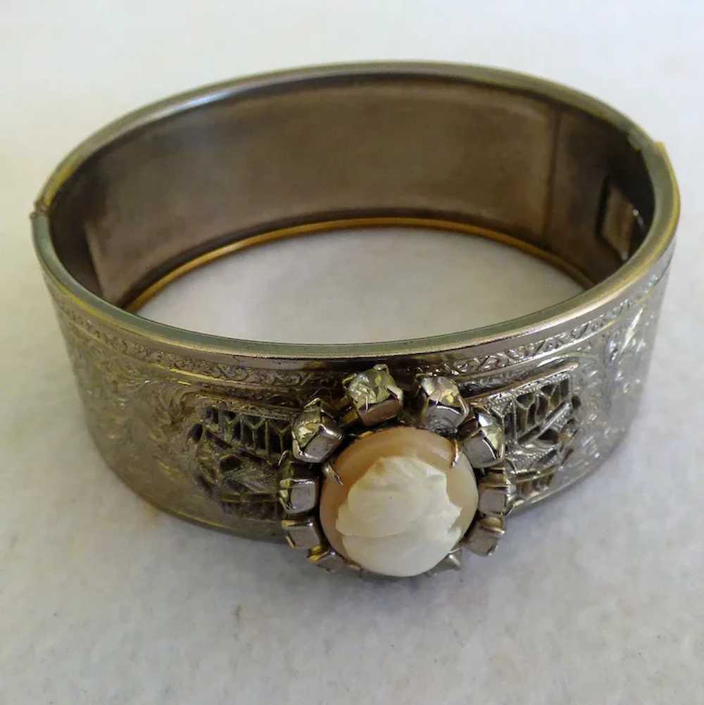 Antique Edwardian Cuff bracelet with Cameo & Rhin… - image 3