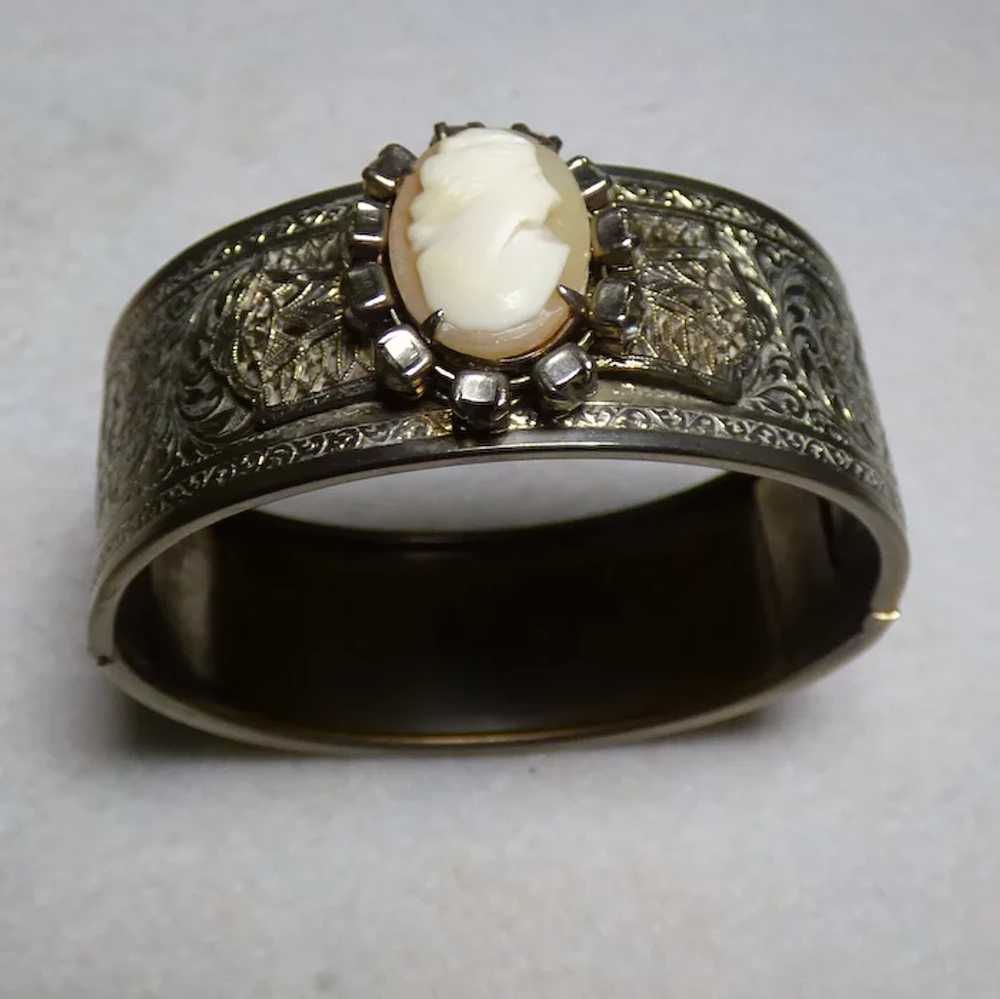 Antique Edwardian Cuff bracelet with Cameo & Rhin… - image 4